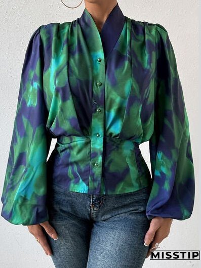 Tie-Dye Button Up Balloon Sleeve Blouse