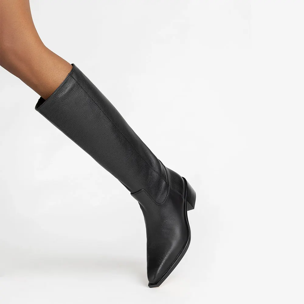 Women's Black Pointed Toe Mid Block Heel Fashion Knee High Boots