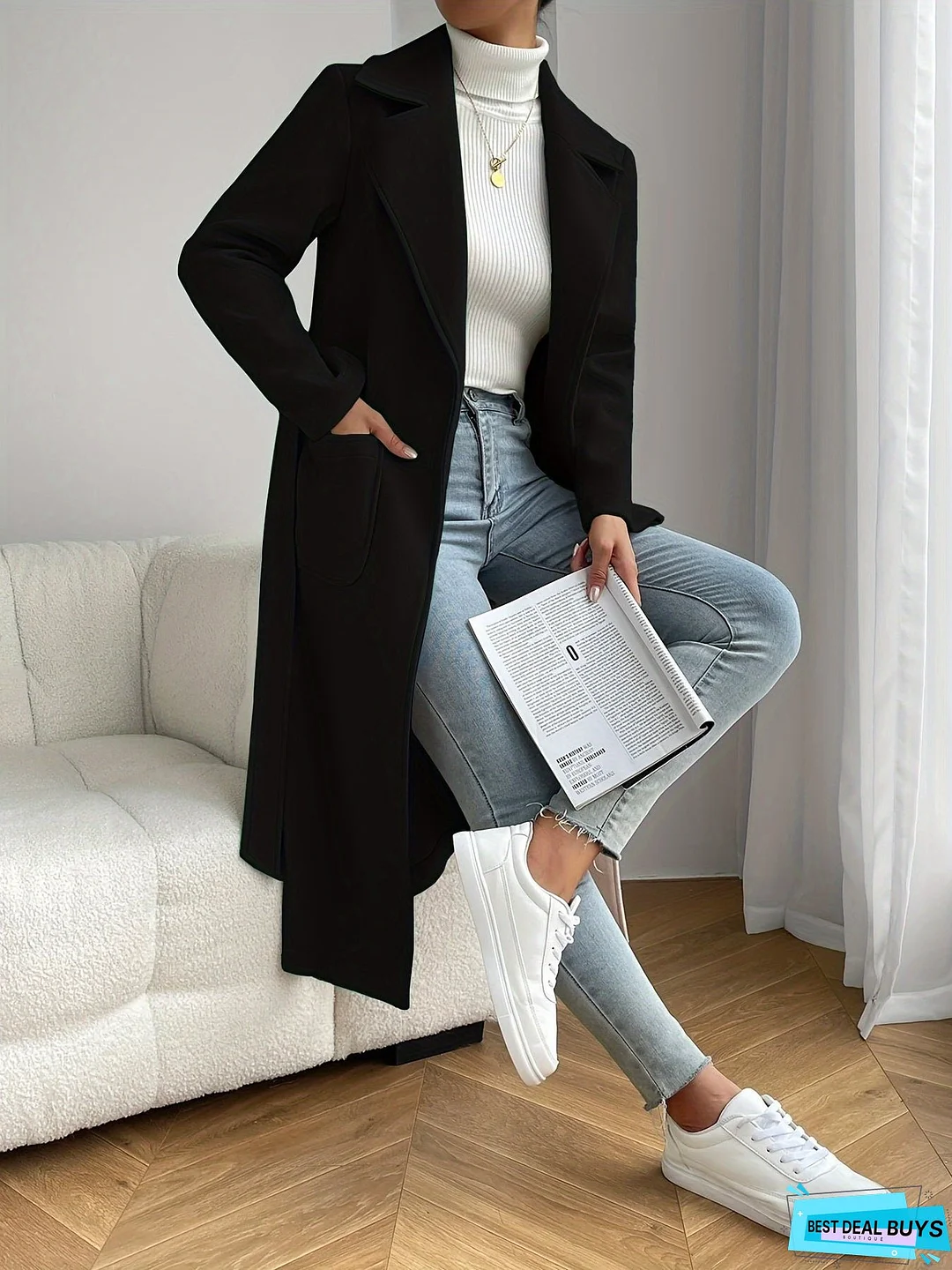 Dual Pocket Trench Coat, Tie Waist Solid Casual Coat For Winter & Fall, Women's Clothing