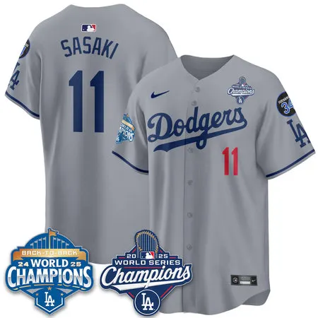 Men's Los Angeles Dodgers #11 Roki Sasaki Gray 2025 World Series Champions Jersey