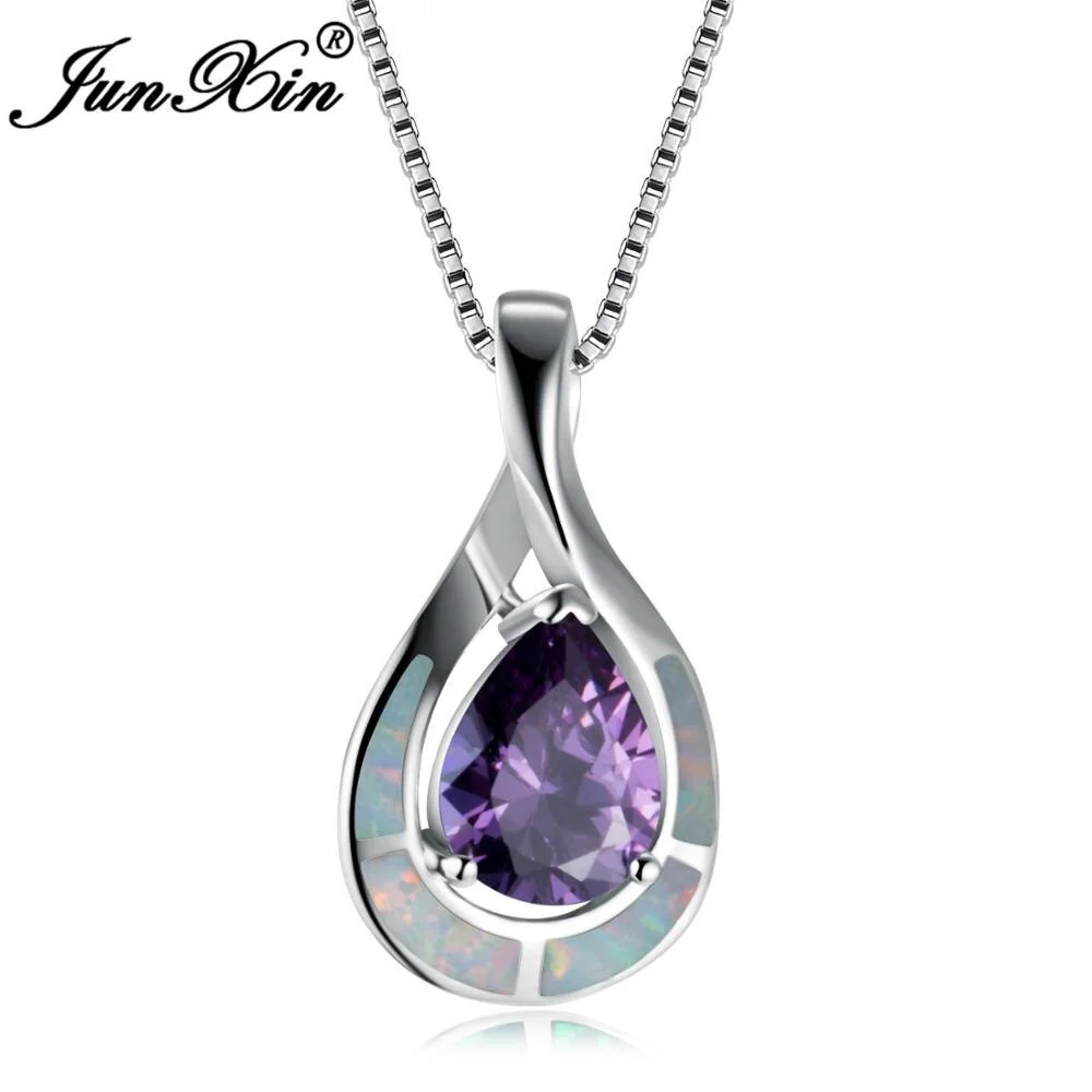 JUNXIN New Silver Color Blue/White Fire Opal Pendants Double Water-Drop Purple/Blue AAA Zircon Birthstone Necklace