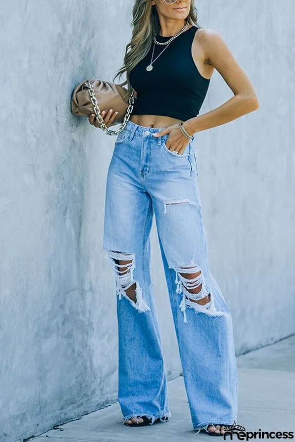 New Casual Jeans Wide Leg Pants with Holes