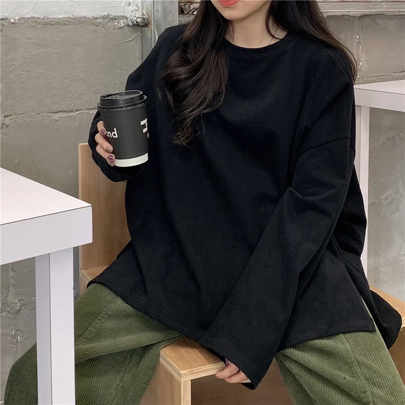 Pongl Pongl Autumn Outfit Slit Solid Color Long Sleeve T-Shirt Women Fashion Bottom Shirt Korean Fashion Students Wear Loose Clothes