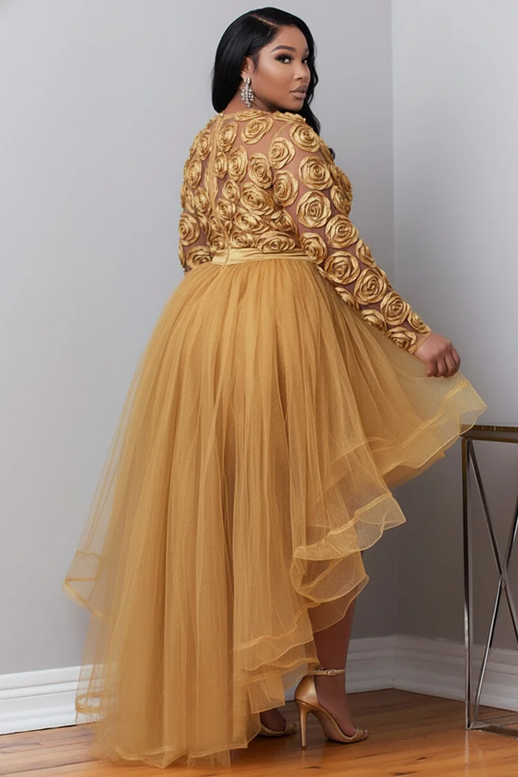 Xpluswear Design Plus Size Party Gold Round Neck Long Sleeve 3D Elegant High Low Hem Tulle Mini Dresses [Pre-Order]