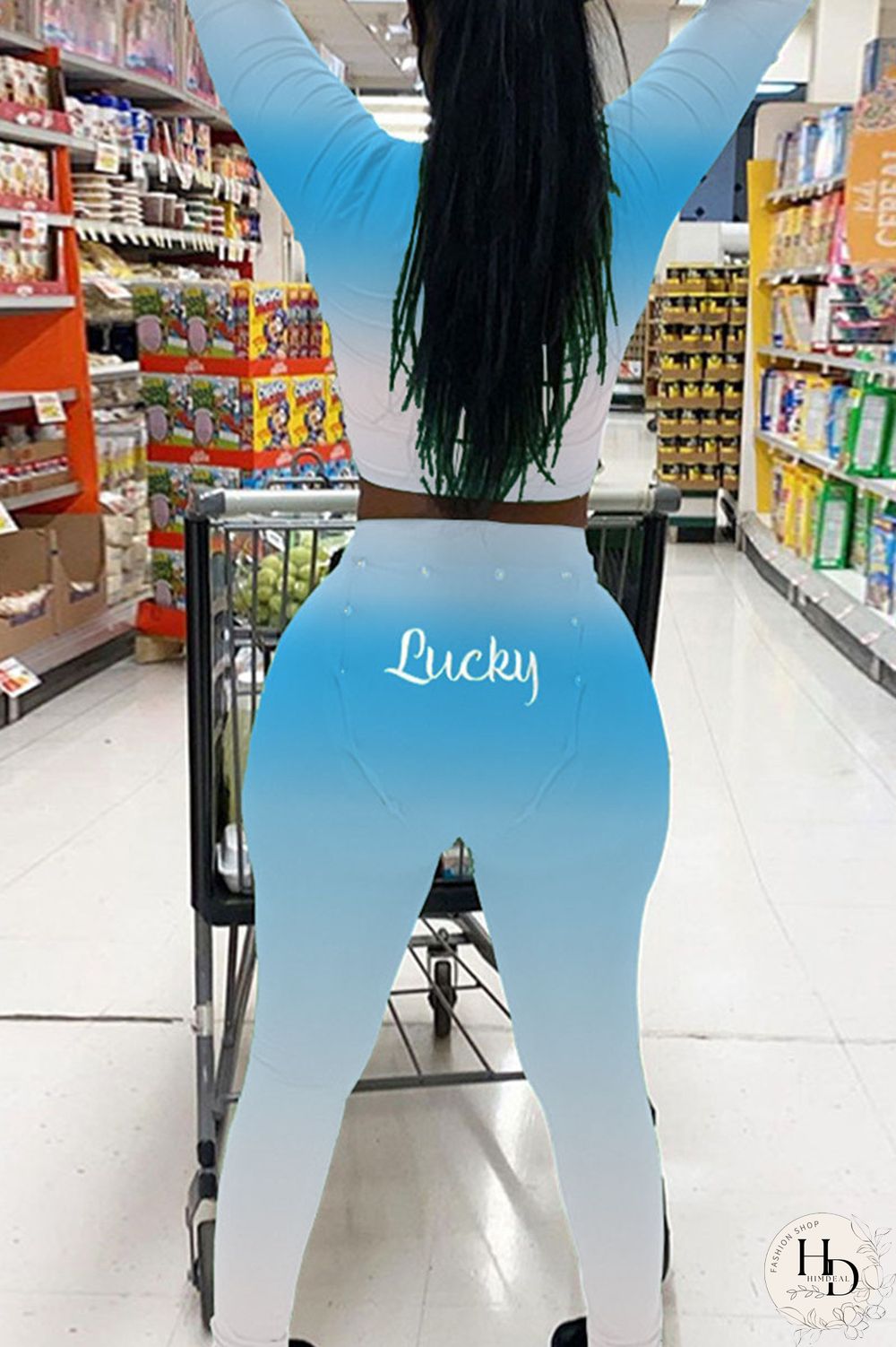 Tangerine Red Street Print Split Joint V Neck Long Sleeve Two Pieces