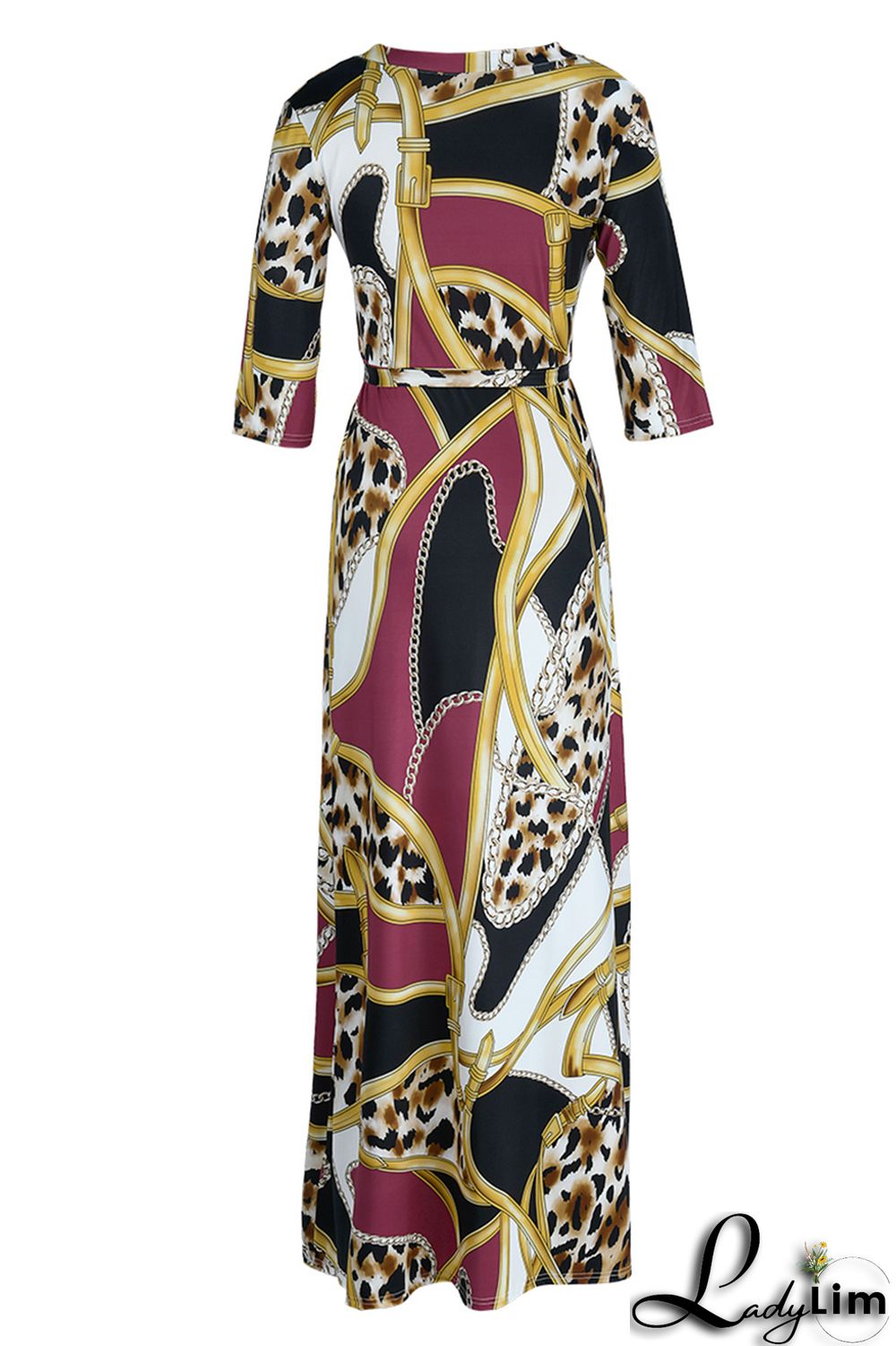 Pink Fashion Casual Print Bandage Patchwork V Neck Long Dress