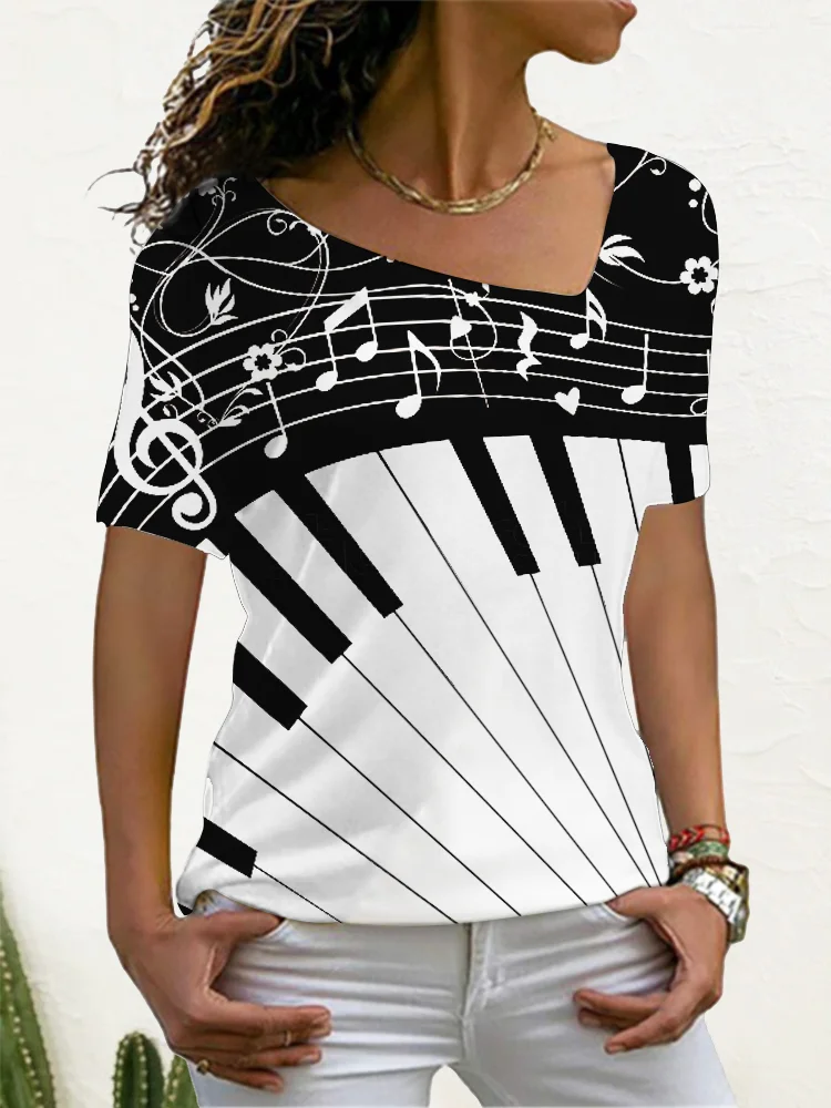 Piano Music Notes Contrast Short Sleeve T Shirt