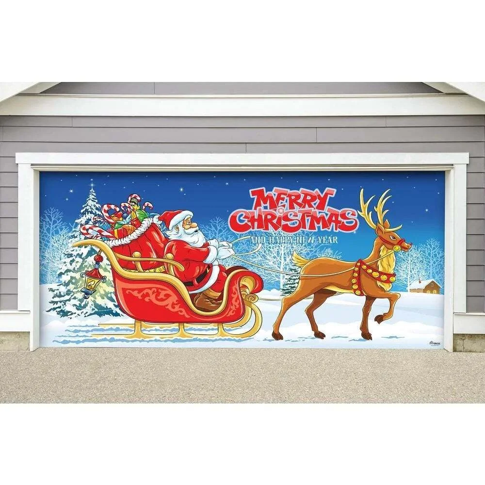 🎁7 ft. x 16 ft. Santa's Sleigh Ride-Christmas Garage Door Decor  for Double Car Garage