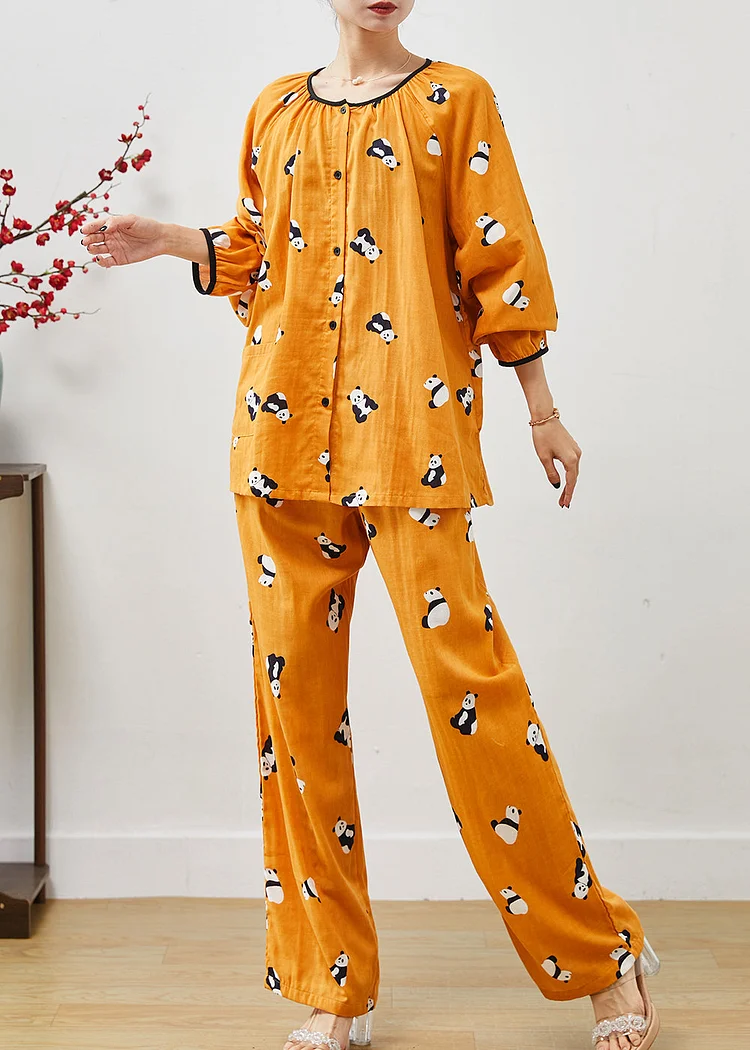 Cute Orange Panda Print Cotton Two Pieces Set Fall