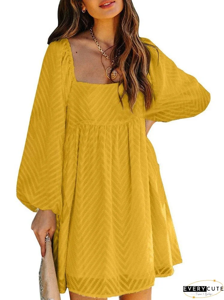 Simple Jacquard Lantern Sleeve A-Line Dress With Square Neck