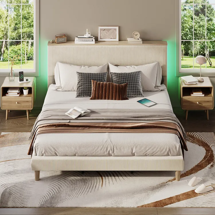 Bestier Bed Frame Upholstered Corduroy Platform Bed with LED light & Adjustable Storage Headboard for Bedroom