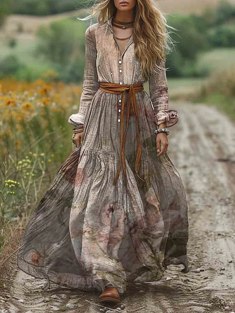 Women's Shirt Collar Positioning Pattern Print Pocket Long Sleeve Cotton Dress