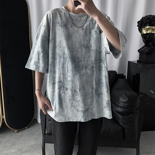 Aonga Men 5 Quarter Sleeve T-Shirts Korean Style Fashion All-Match Tops Ins Loose Summer New Tie Dye Design Casual Popular Students
