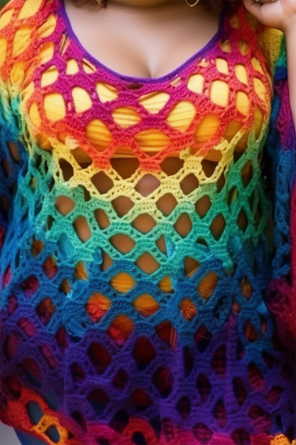Design Plus Size Beach Casual Multicolor Colorblock Spring Summer Round Neck 3/4 Sleeve Crochet Blouses [Pre-Order]
