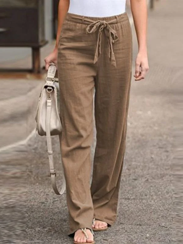 Women's loose solid color cotton and linen wide-leg pants-Mayoulove