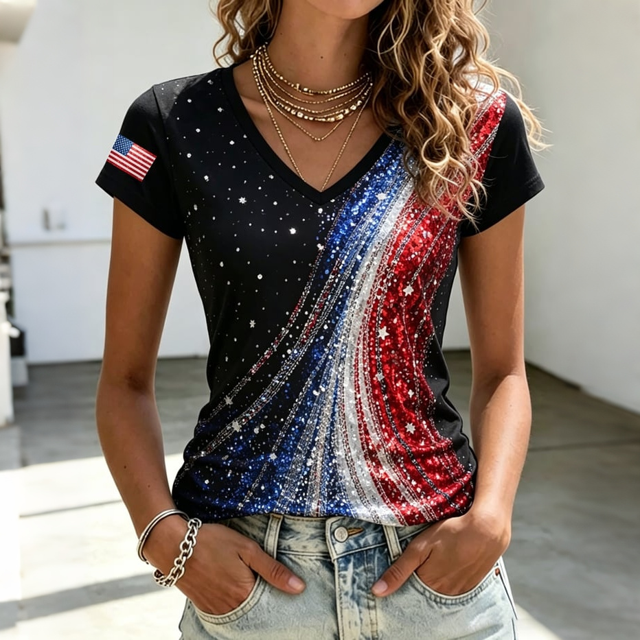  Women's Independence Day Flag Art Print V Neck T-shirt Westsshops