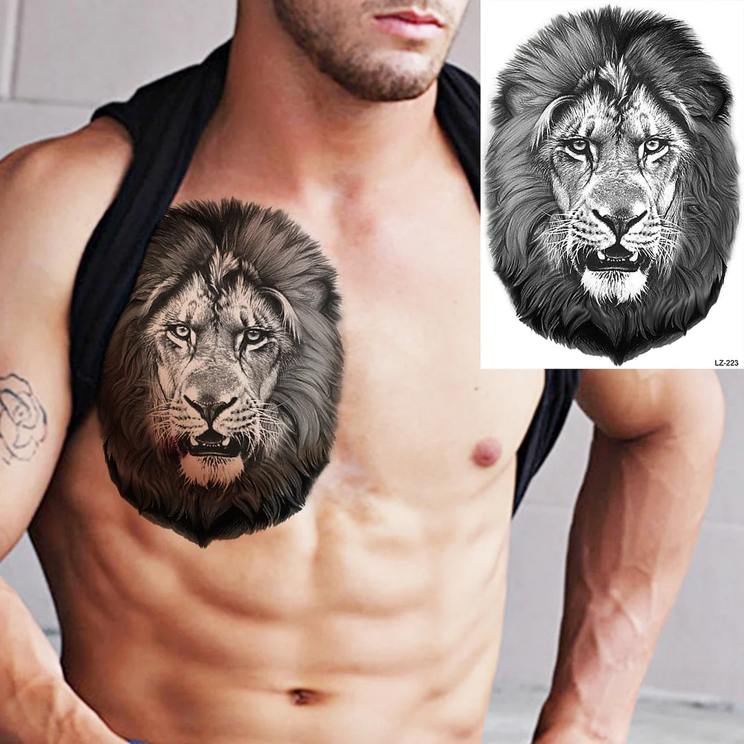 Black Spartan Warrior Temporary Tattoos For Men Adults Realistic Lion Tiger Maori Knight Fake Tattoo Sticker Chest Tatoos 3D