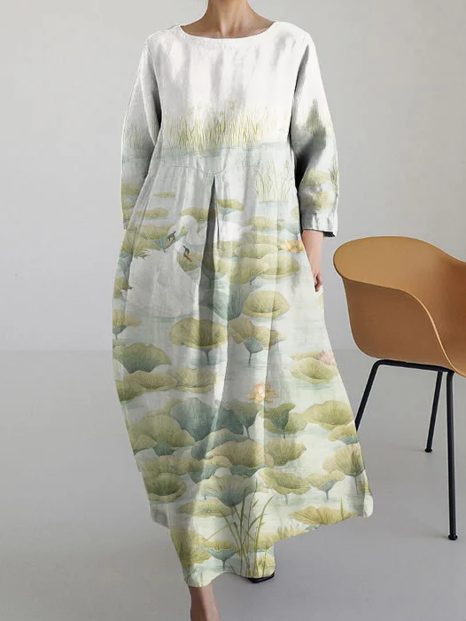 Vintage Pond Swan Print Long Sleeve Dress