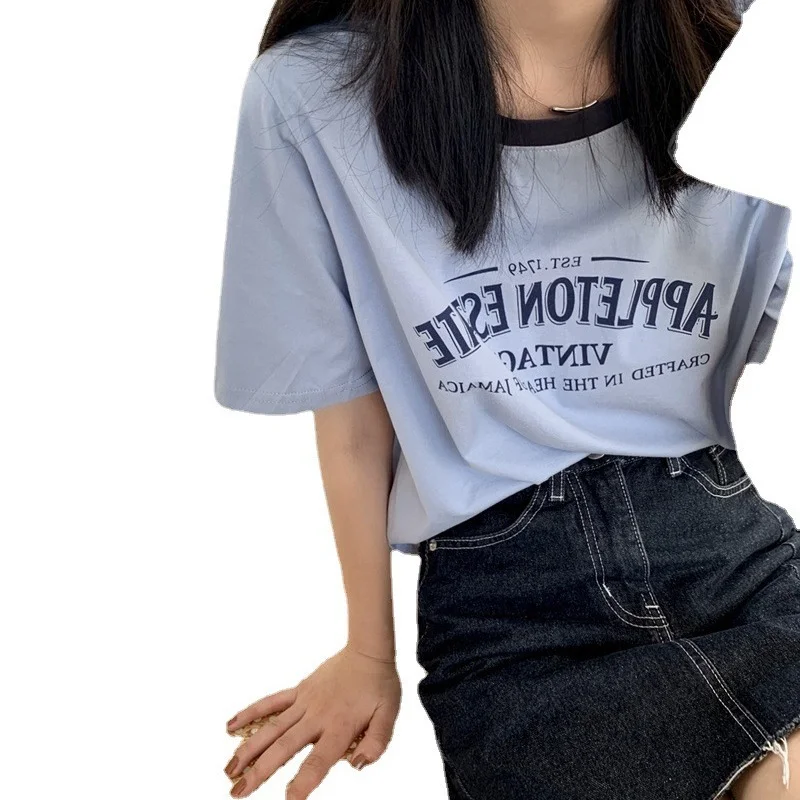 Uveng Uveng Round Collar Short Sleeved T Shirt Female 2024 Summer Letter Print Loose Short Vintage Student Jacket Ins