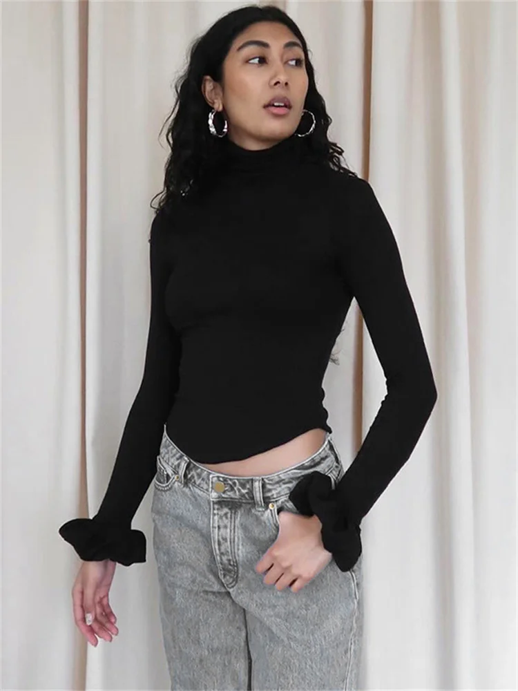 Tozwheels Tossy Elegant Ruffled Fashion T-shirt Top Women's Patchwork Slim Solid Cropped Top Pullover Turtleneck Female Casual Tee Top New