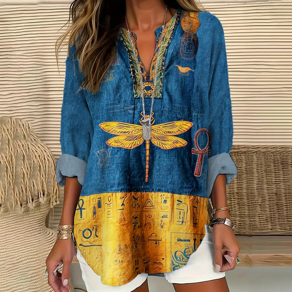 Vintage Egyptian Dragonfly Embroidery Women's Linen Long Sleeve Shirt