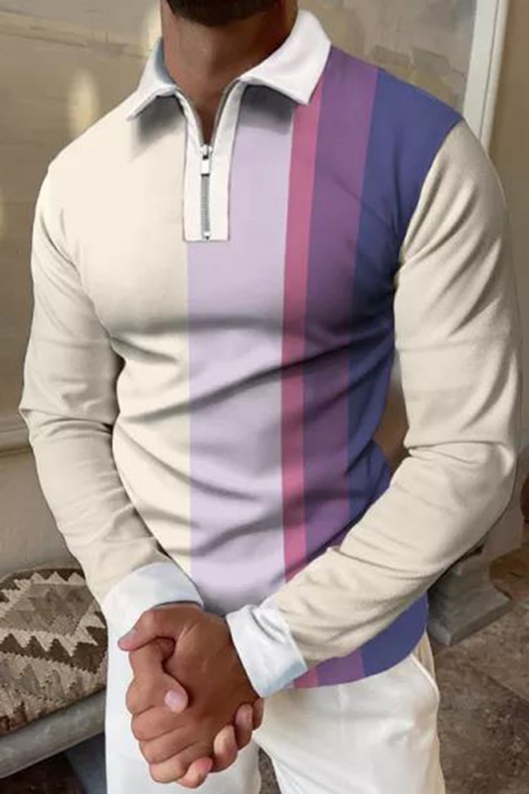 Tiboyz Lapel Zipper Vertical Stripe Gradient Long Sleeve Polo Shirt