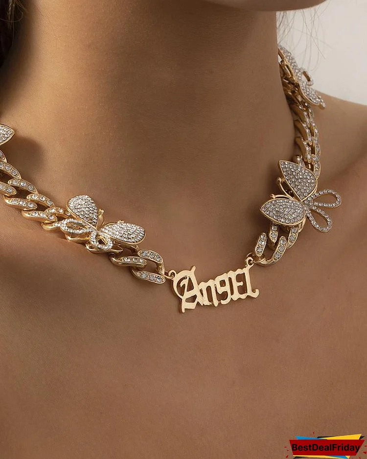 Letter Butterfly Pattern Studded Decor Chain Necklace P4240775017