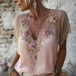 Classy Boho Pink Roses Glitter Lace Flowy Linen Tunic - Image 2