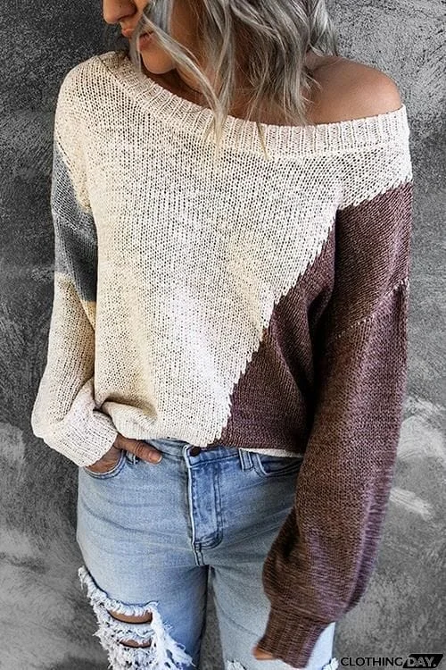 One Shoulder Knitted Round Neck Sweater