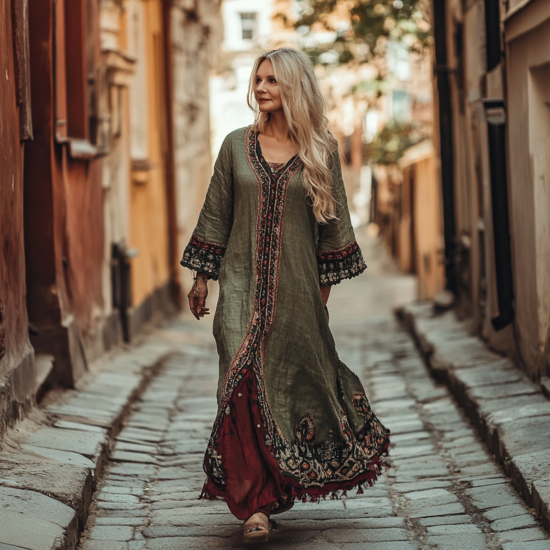 Ethnic Embroidery Vintage Casual Linen Dress 82d0