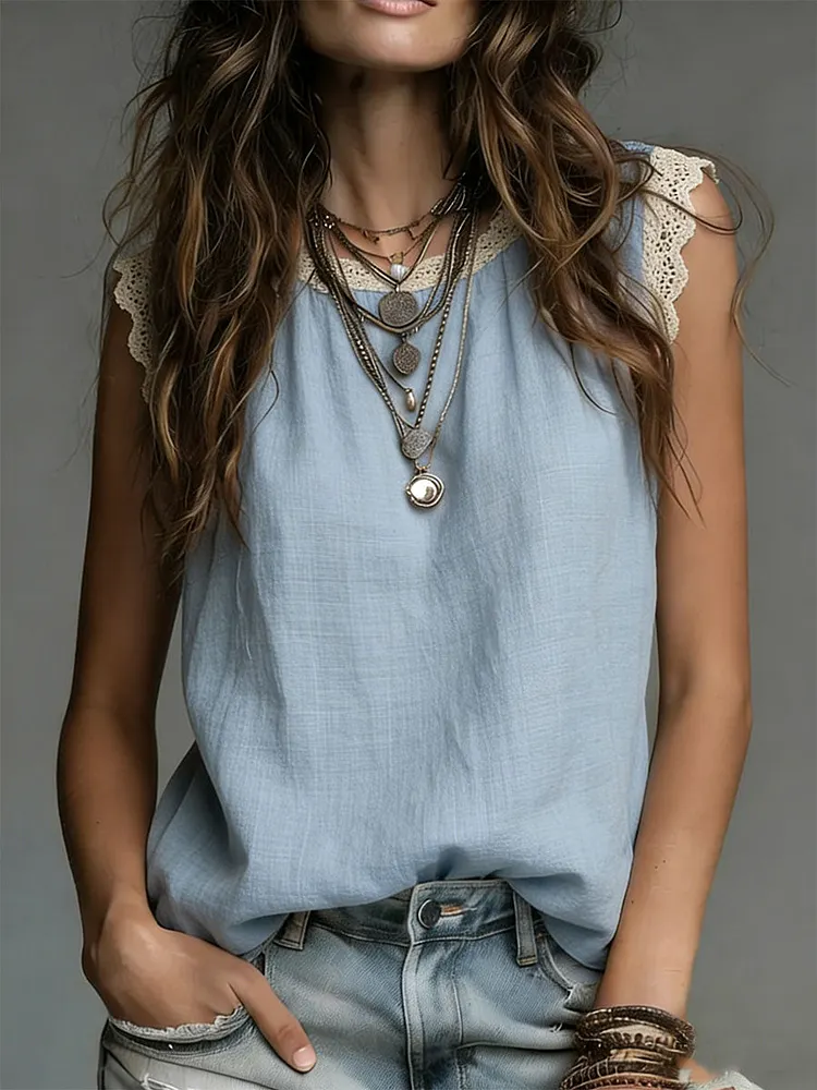 Women's Retro Round Neck Lace-paneled Sleeveless Loose-fit Solid-color Linen Shirt