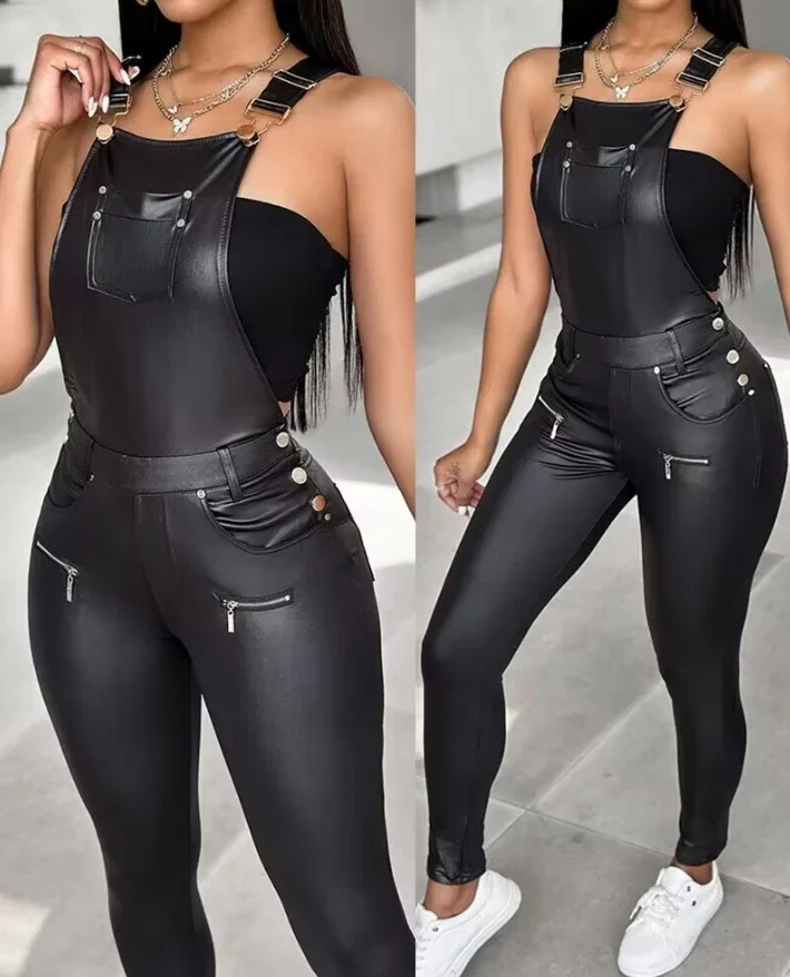 Versusstols New Jumpsuit Women Buckled Zipper Design Sexy Shoulder Strap Pocket High Waist Slim Fitting Suspender Jumpsuit Streetwear
