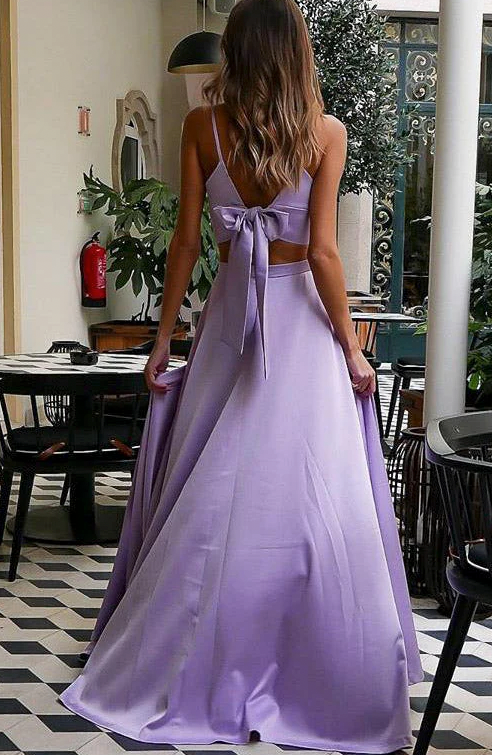 two pieces lavender back bow satin prom dresses,long prom dresses hot