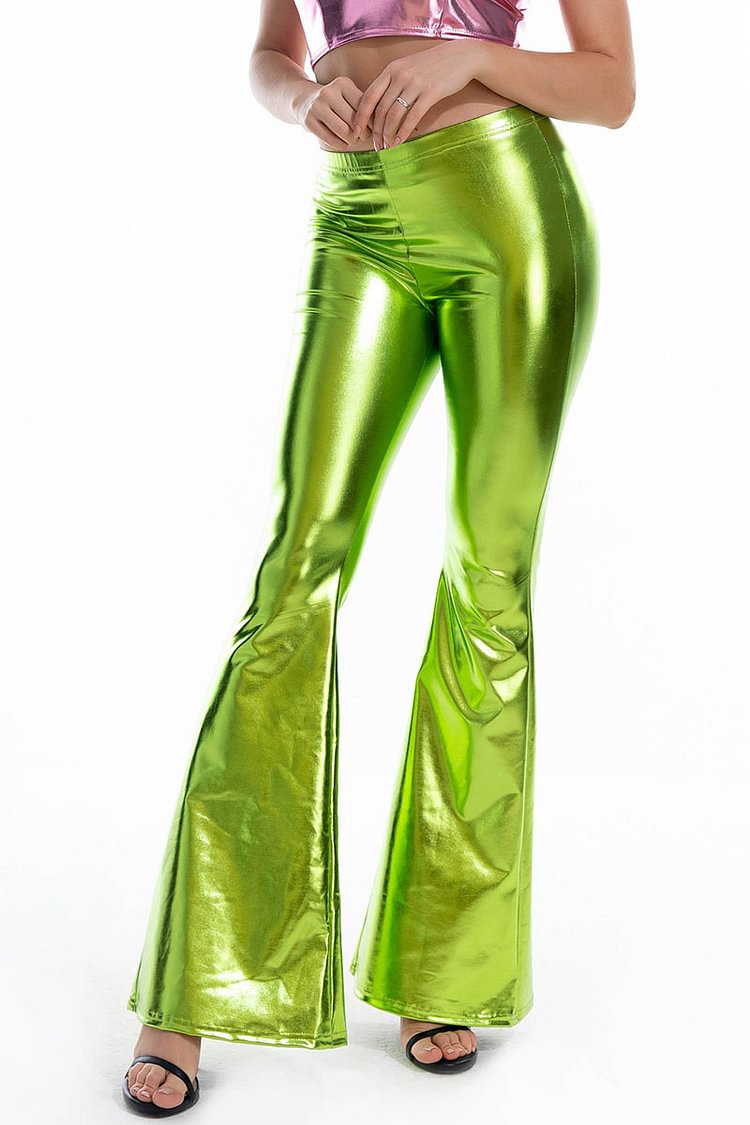 Disco Explosion Metallic Solid Summer Slim Fit Flared Long Pants