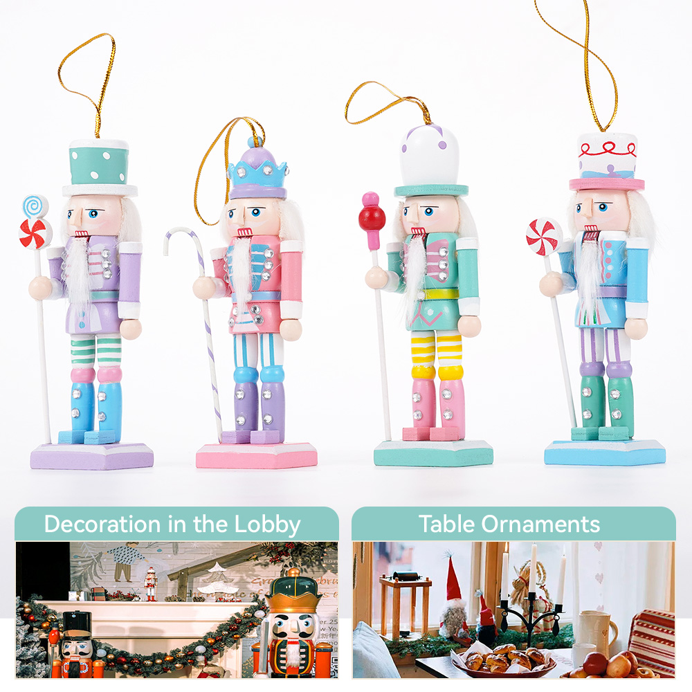 Tegooe 4PCS Wooden Nutcracker Figurines Set - Macaron Candy Christmas Tree Ornaments