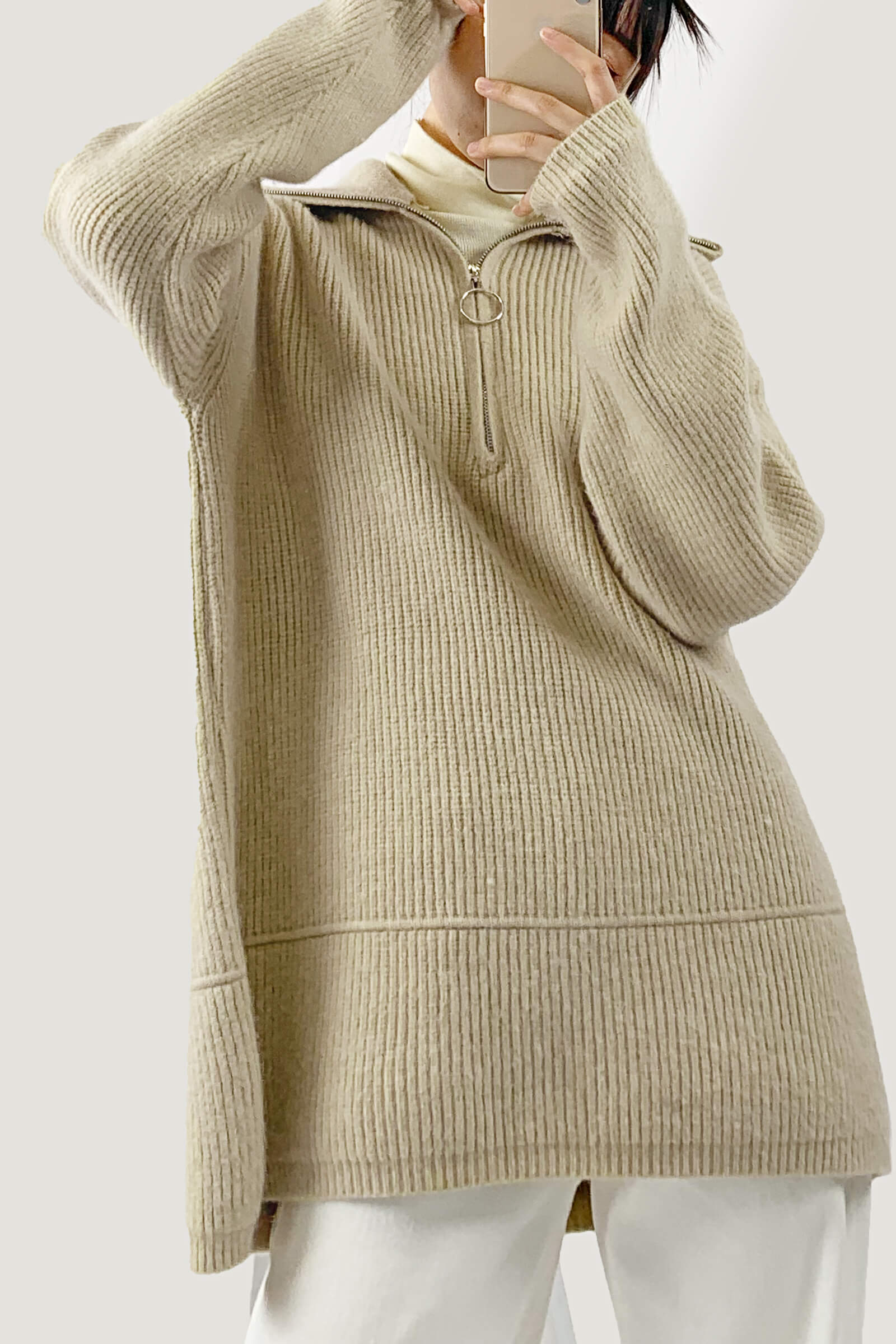 Khaki Collared Half-Zip Oversized Sweater | J.ING Sweaters