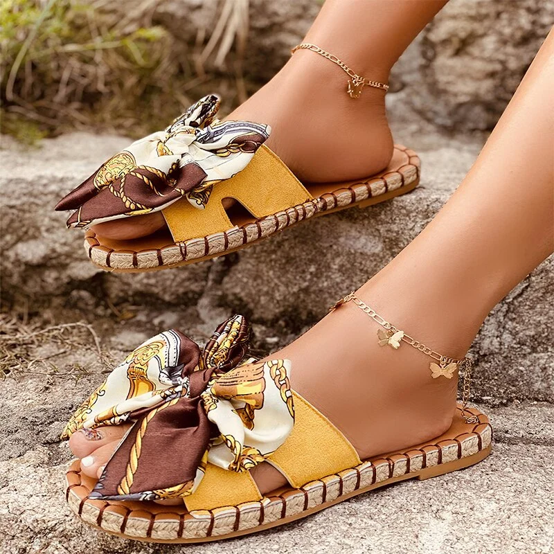 2021 Women Bow Slippers Female Sewing Hemp Platform Flat Ladies Summer Beach Shoes Women's Casual Open Toe Slides Plus Size