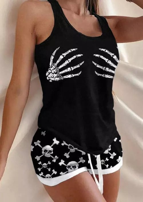 🎃2022 Halloween Pre-Sale🎃Halloween Skeleton Hand Tank And Skull Shorts Pajamas Set - Black
