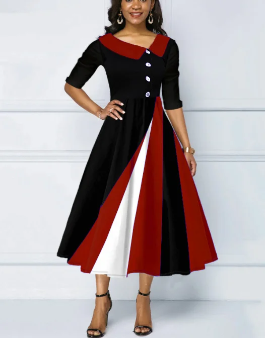 Button-embellished geometric print elegant swing dress