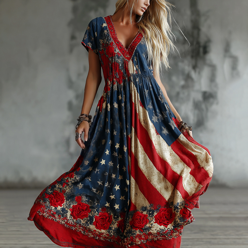  Women's Vintage Floral Flag Art Print Maxi Dress Westsshops