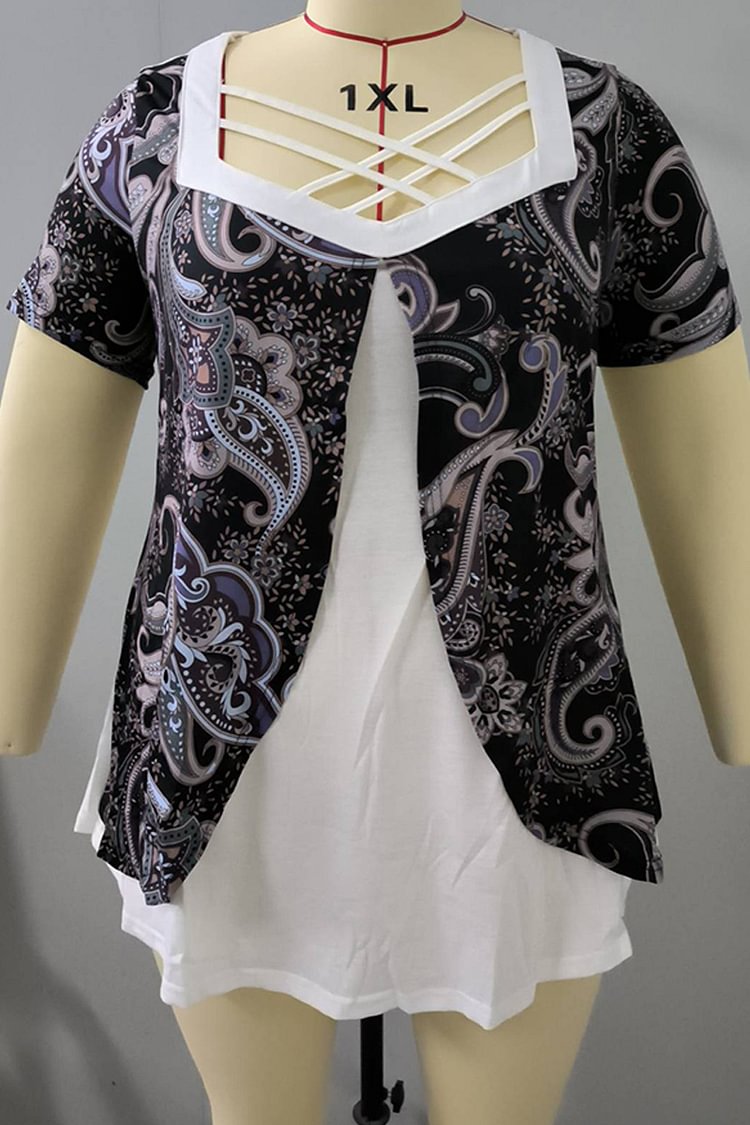Plus Size Tribal Print Cross Strap Faux Two Piece Casual Blouses  Flycurvy [product_label]