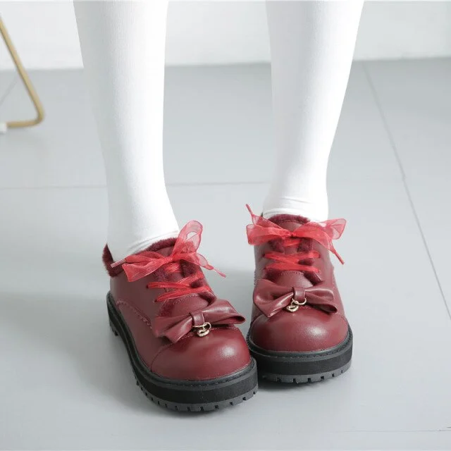 Pink/Black/Red Lolita Plush Warm Sweet Bow Shoes BE502