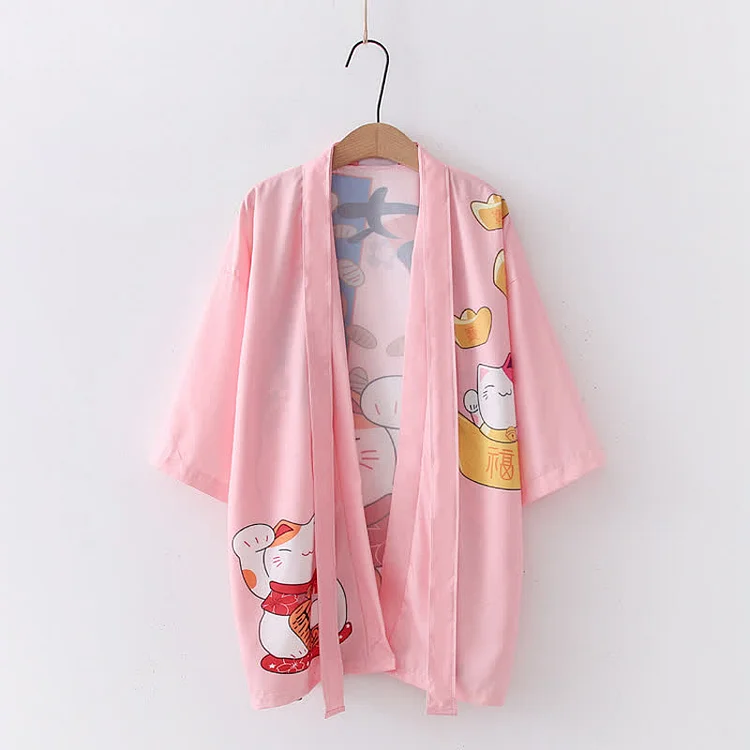 Vintage Lucky Cat Letter Print Cardigan Kimono Outerwear  - Modakawa modakawa