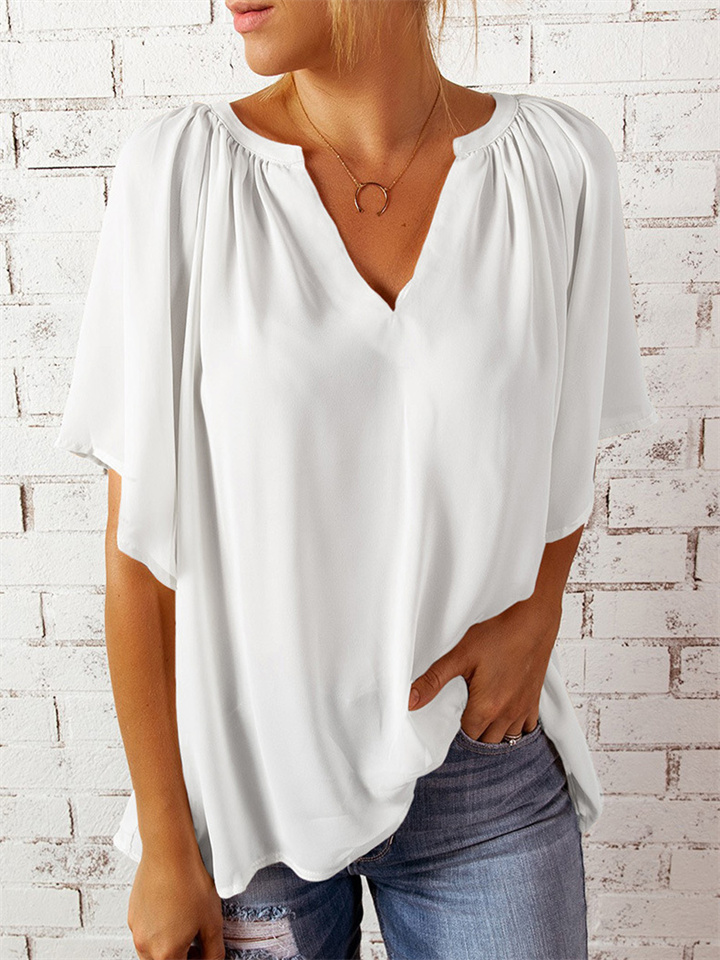 Summer New Loose Five-minute Sleeve T-shirt Ms. V-neck Pullover Solid Color Blouse