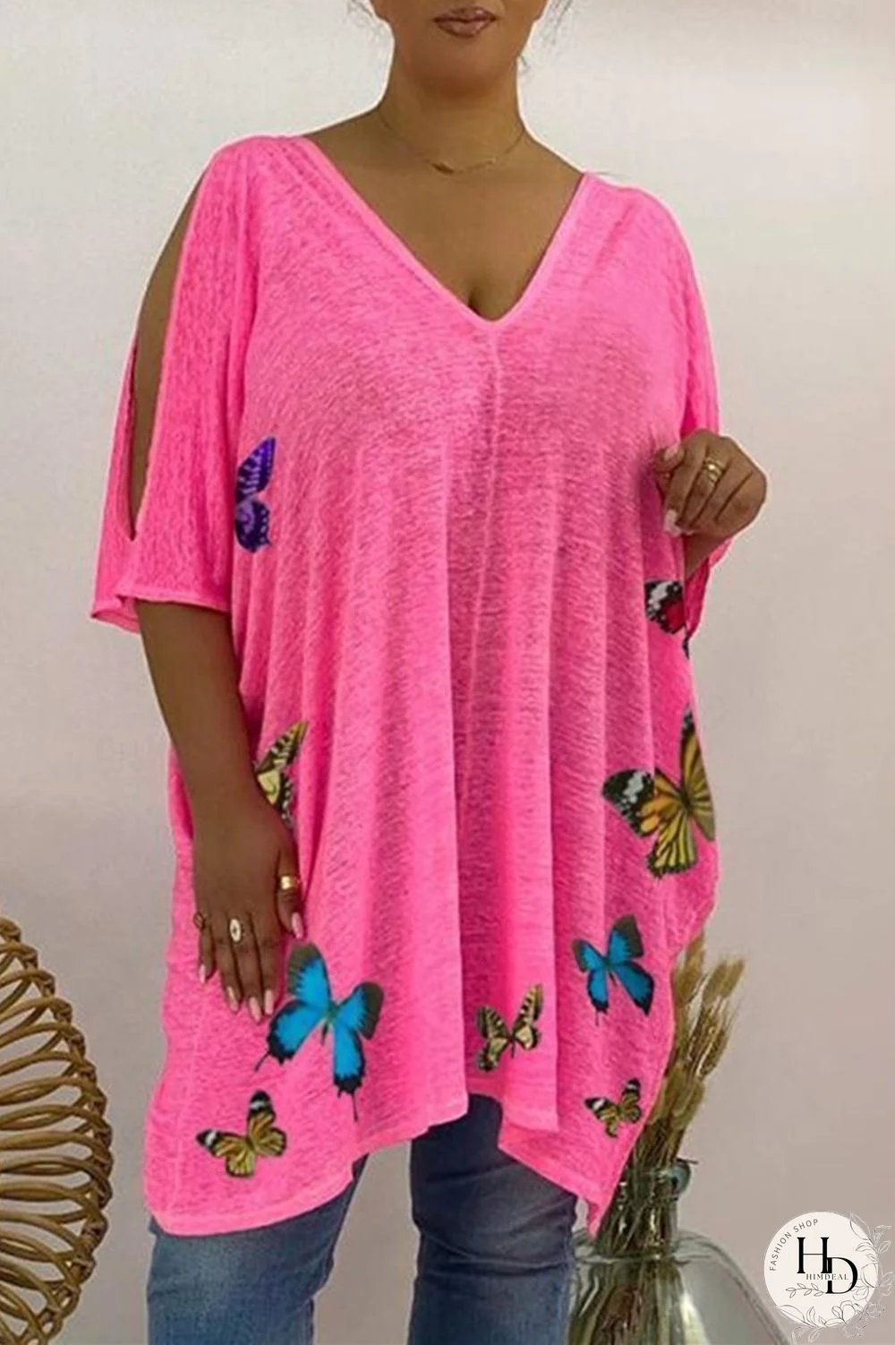 Rose Red Fashion Casual Print Hollowed Out V Neck Plus Size Tops