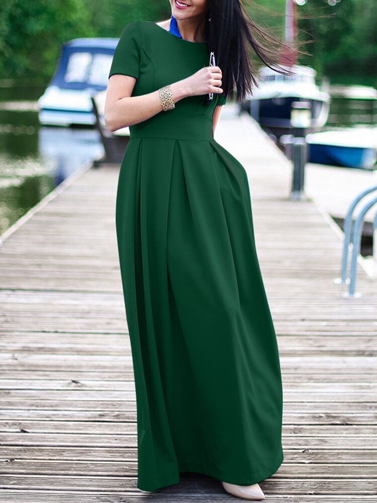 Solid Short Sleeve Pocket Crew Neck Maxi Dress - Shop Trendy Women's Clothing | LoverChic