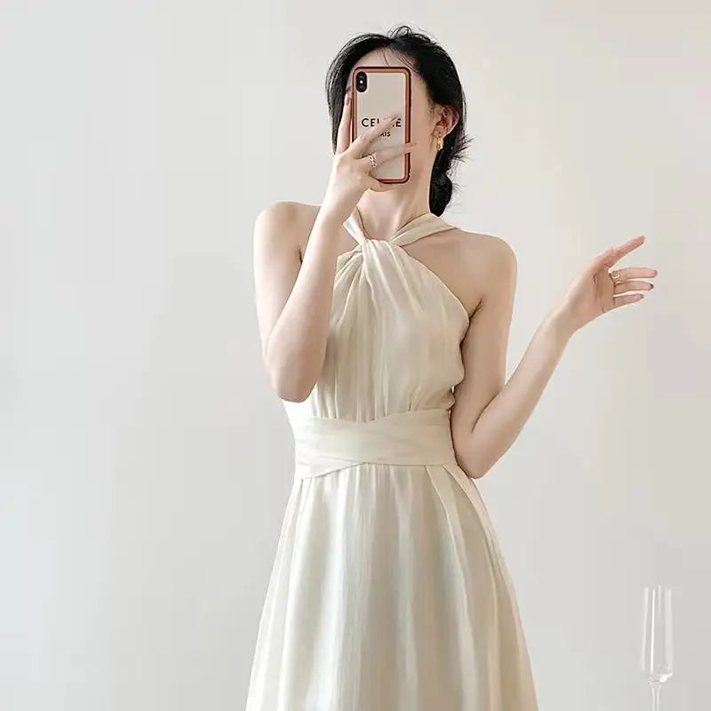 Aiertu Woman Beach Vacation Dress Sleeveless Sexy Halter Solid Korean Fashion Summer New Elegant Midi Sexy Club Dresses French Backless Aiertu