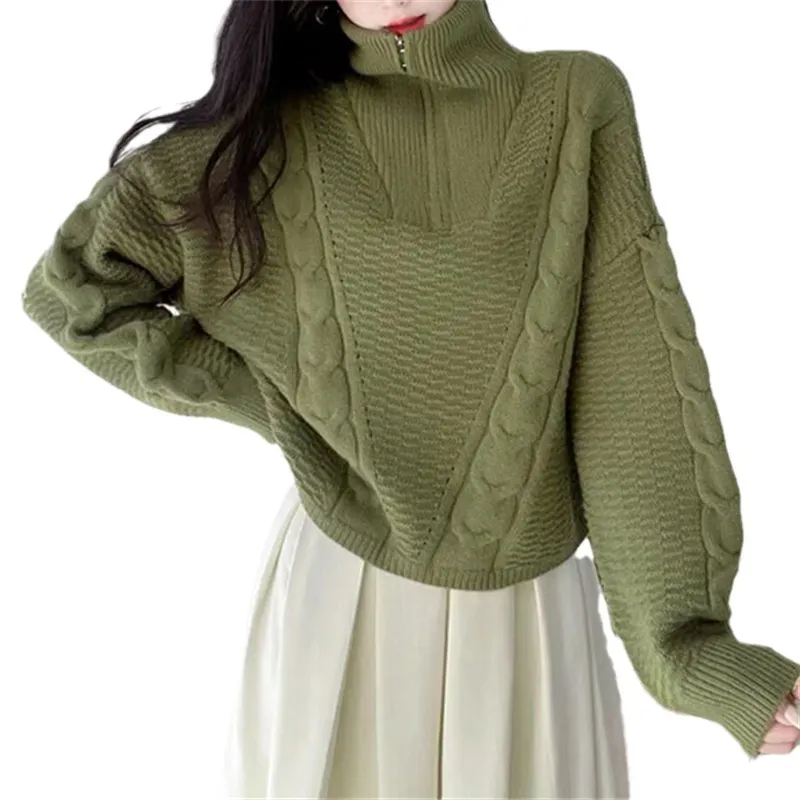 Churchf Churchf Version Of Autumn And Winter Retro Half Zipper Standing Collar Sweater Loose Thin Pure Color Design Sense Short Twist Sweater Woman