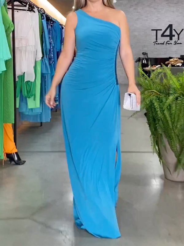 Asymmetric Solid Color Split-Side Sleeveless One-Shoulder Maxi Dresses