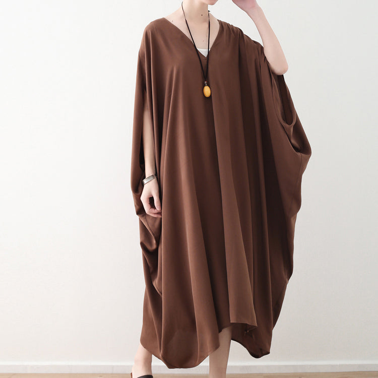 VCSHOES chocolate natural chiffon dress plus size v neck traveling dress batwing sleeve kaftans